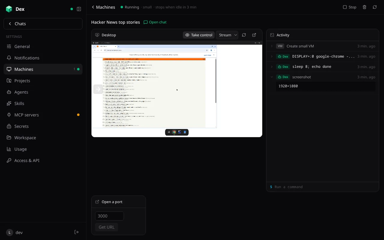 The Machine page with the VM's live desktop and an activity log of commands