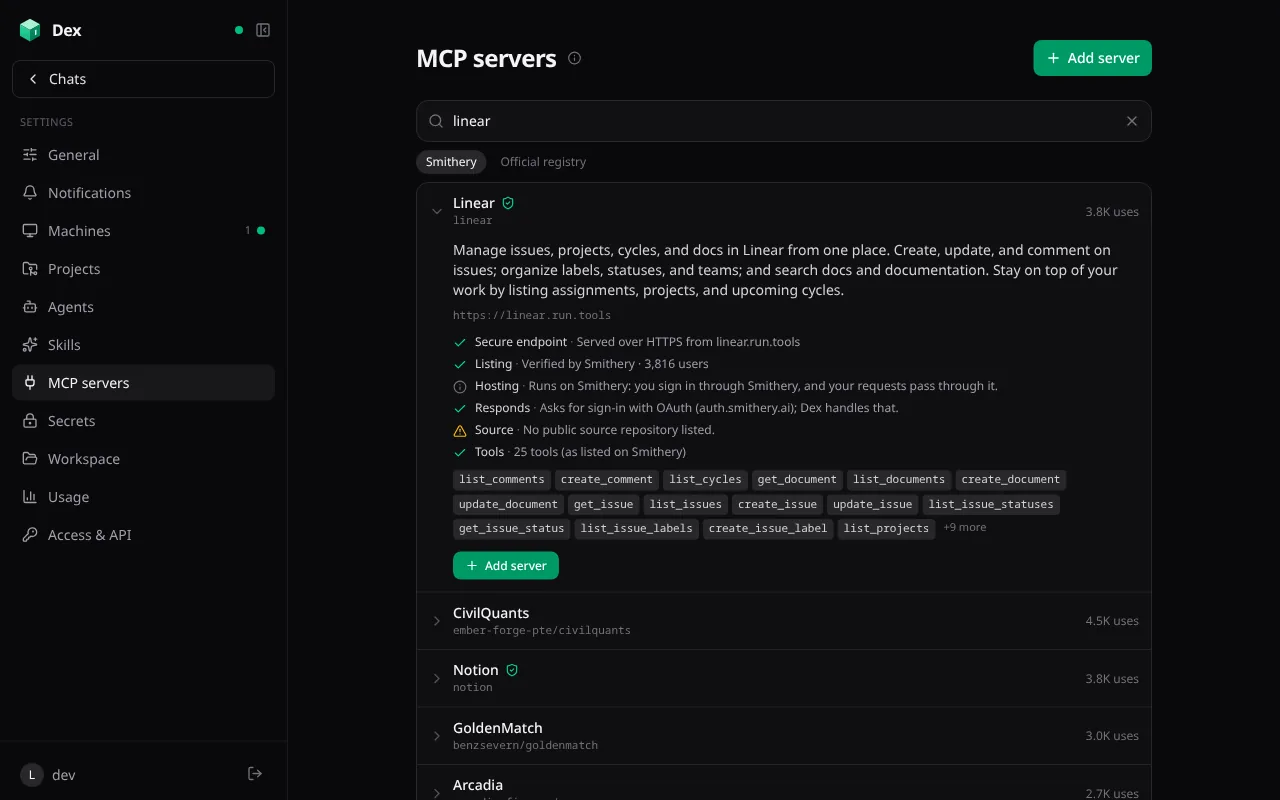 MCP search results with Dex's checks on a server
