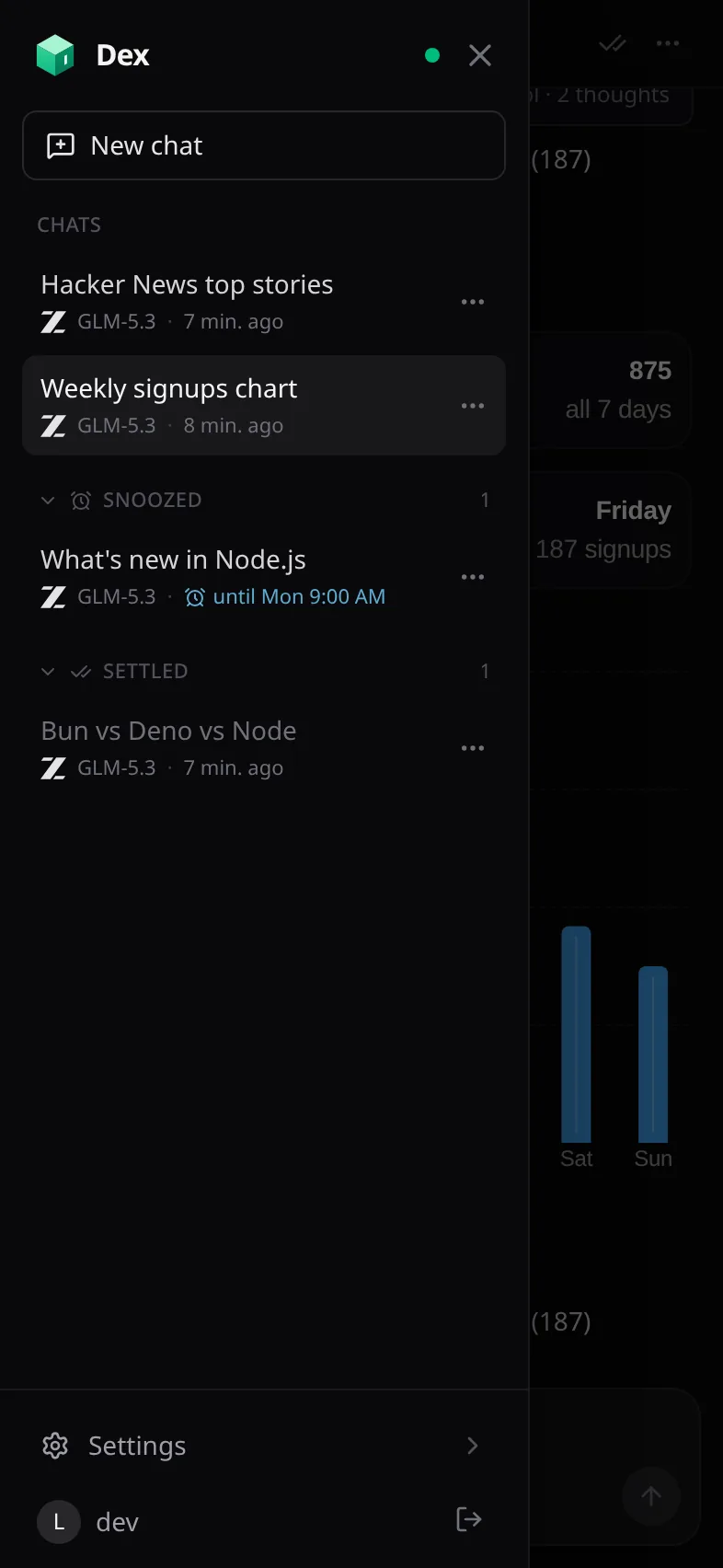 The Dex sidebar on a phone, with snoozed and settled chats