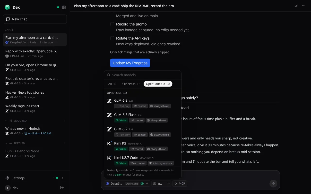 The model menu with All, ClinePass, and OpenCode Go tabs