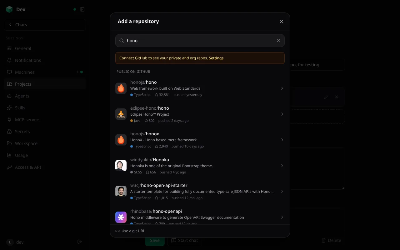 Adding a repository to a project by searching GitHub