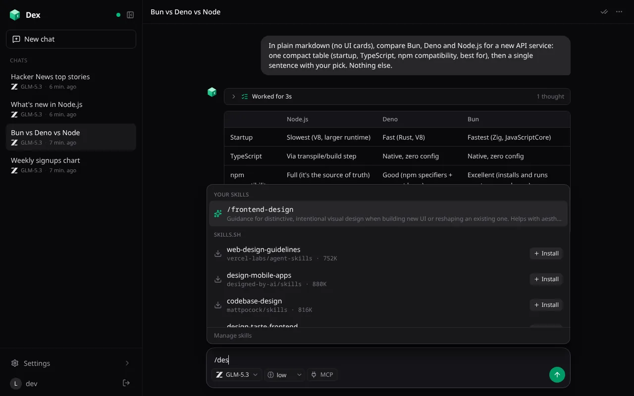 The slash menu in the composer listing installed skills and skills.sh results