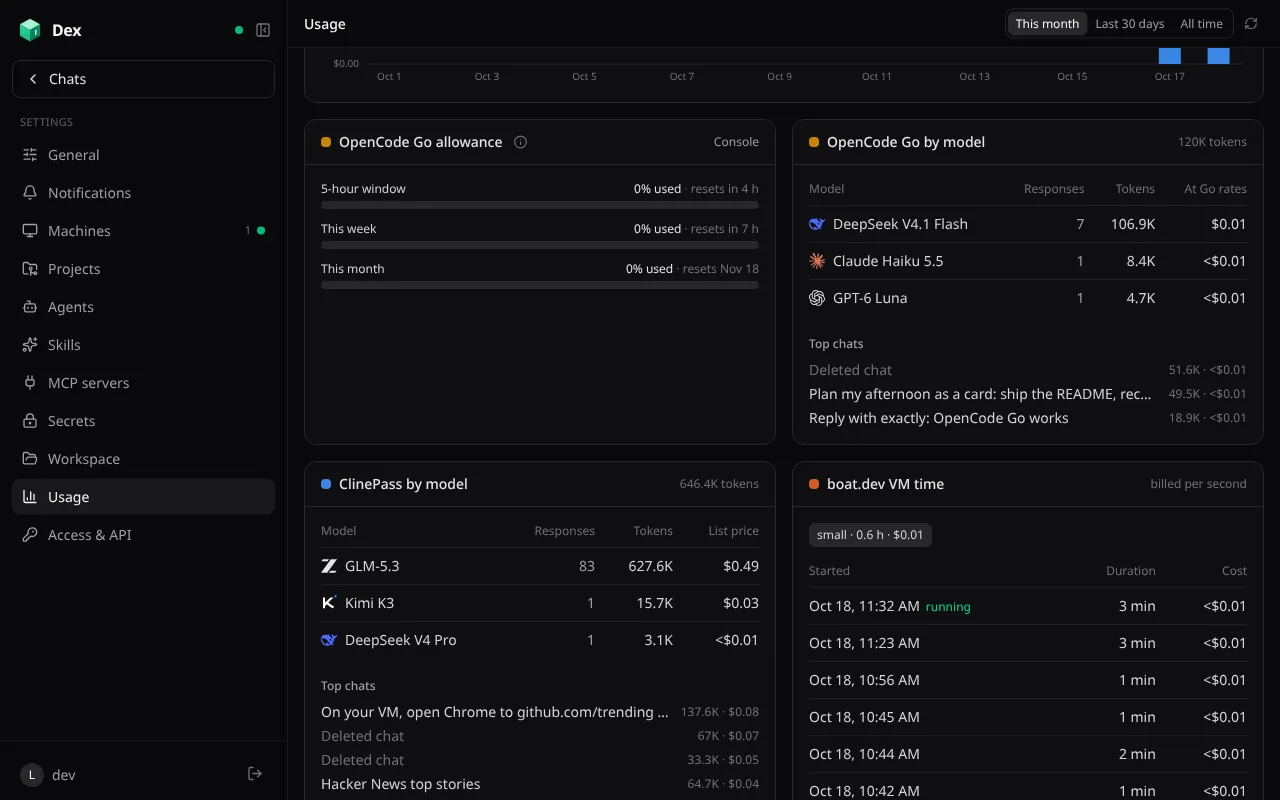 The Usage page with spend by provider and a daily chart